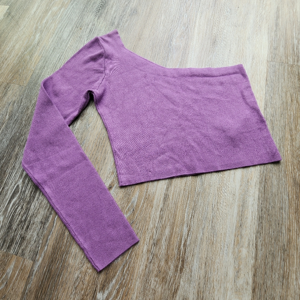 Na-Kd One Shoulder Ribbed Top In Purple Cropped Long Sleeve Size Medium